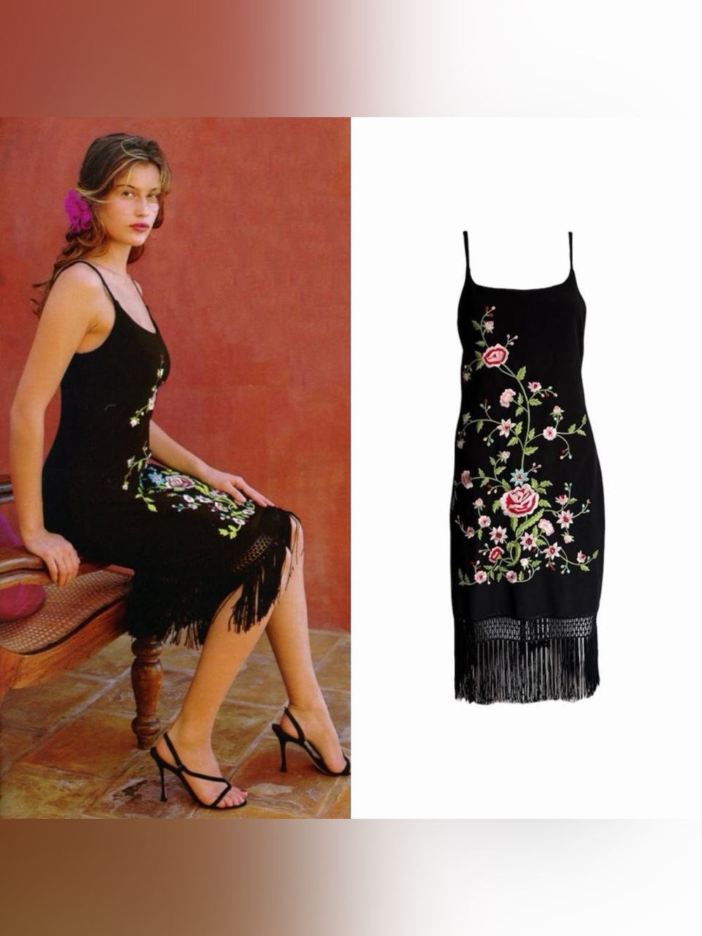 1990s Floral Embroidered Fringe Slip Dress As Seen On Laetitia Casta